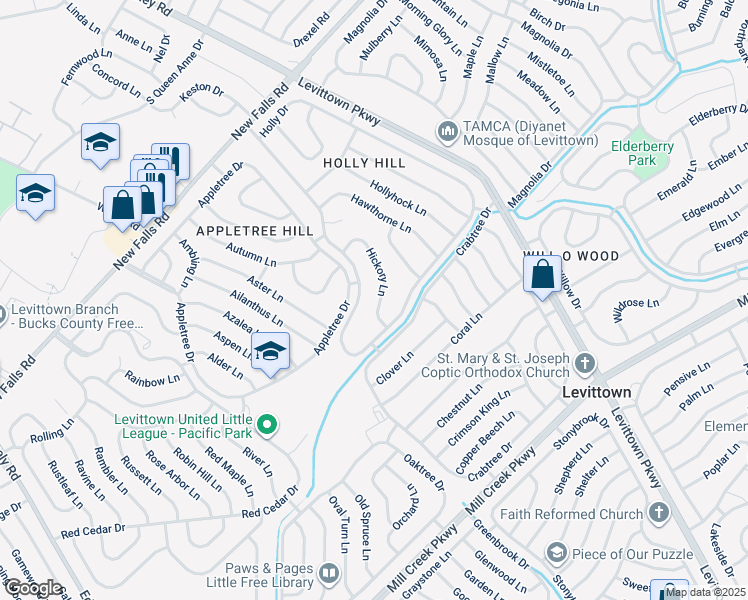 map of restaurants, bars, coffee shops, grocery stores, and more near 15 Hickory Lane in Levittown