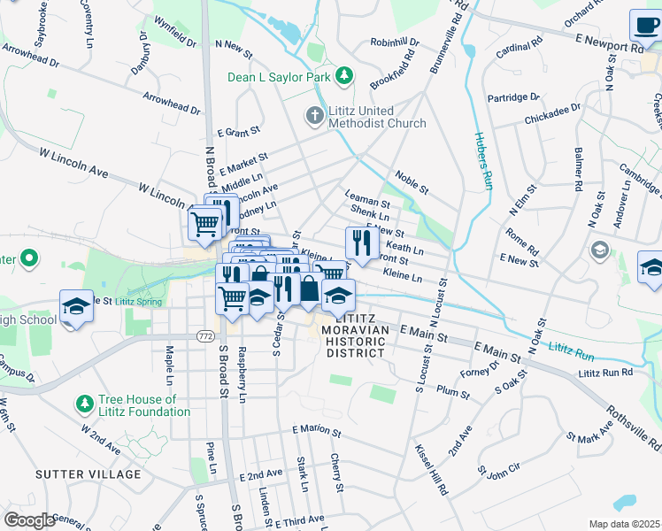 map of restaurants, bars, coffee shops, grocery stores, and more near Kleine Lane in Lititz