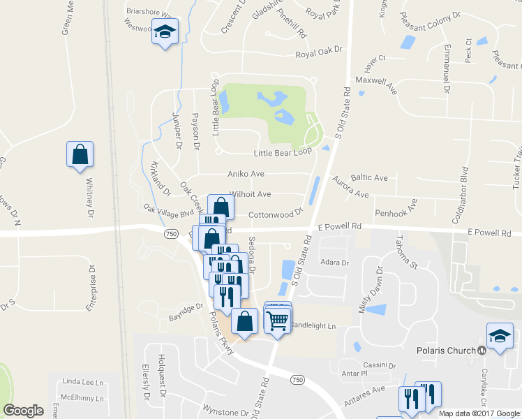 map of restaurants, bars, coffee shops, grocery stores, and more near 1497 Cottonwood Dr in Lewis Center