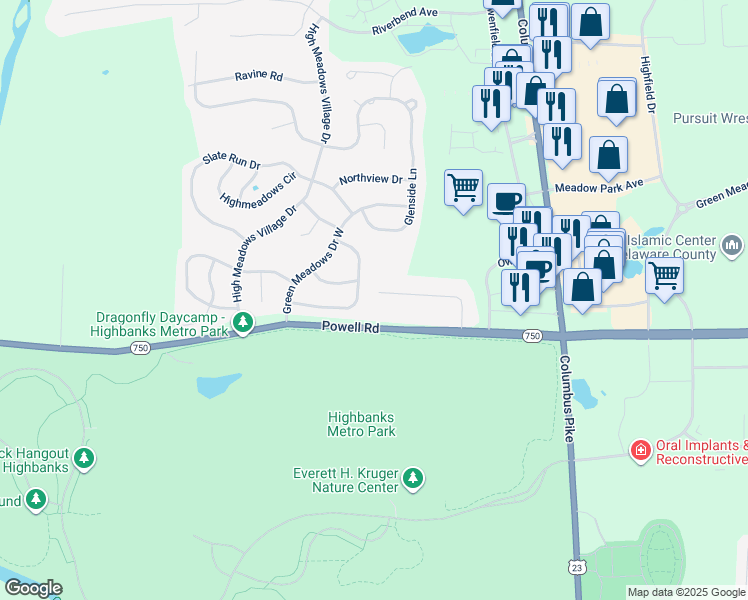 map of restaurants, bars, coffee shops, grocery stores, and more near 491 Heather Lane in Powell