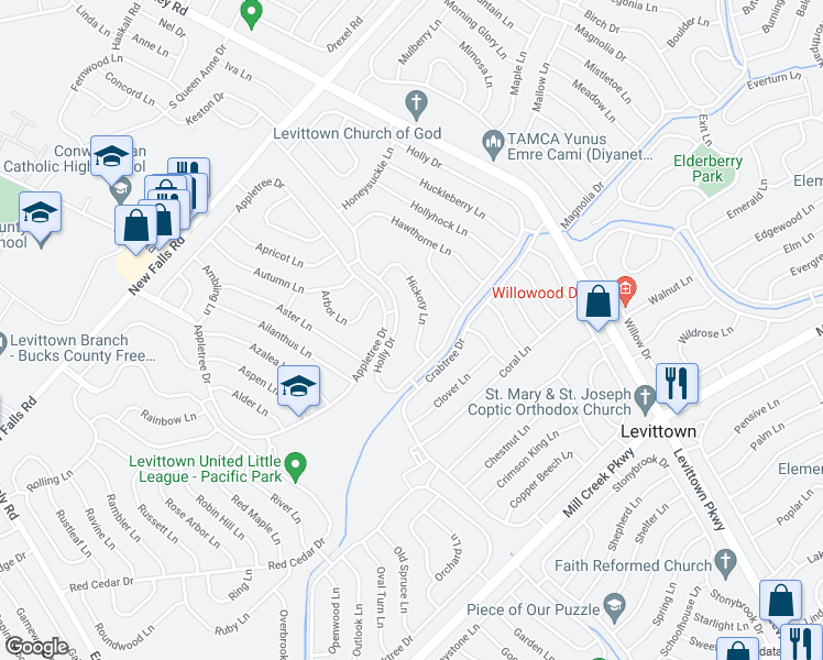 map of restaurants, bars, coffee shops, grocery stores, and more near 15 Hickory Lane in Levittown
