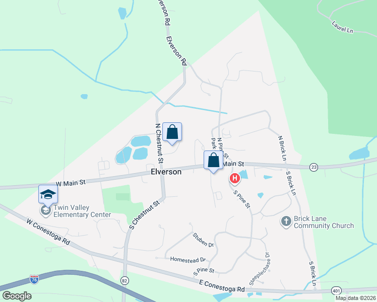 map of restaurants, bars, coffee shops, grocery stores, and more near 20 Hall St in Elverson