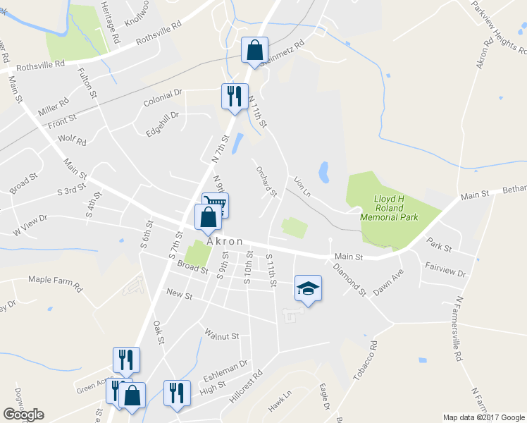 map of restaurants, bars, coffee shops, grocery stores, and more near 98 North 10th Street in Akron