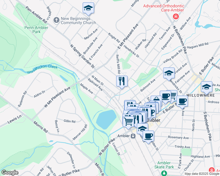 map of restaurants, bars, coffee shops, grocery stores, and more near 229 North Main Street in Ambler