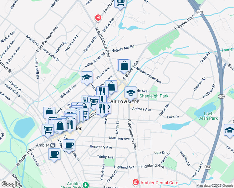 map of restaurants, bars, coffee shops, grocery stores, and more near 344 East Butler Avenue in Ambler