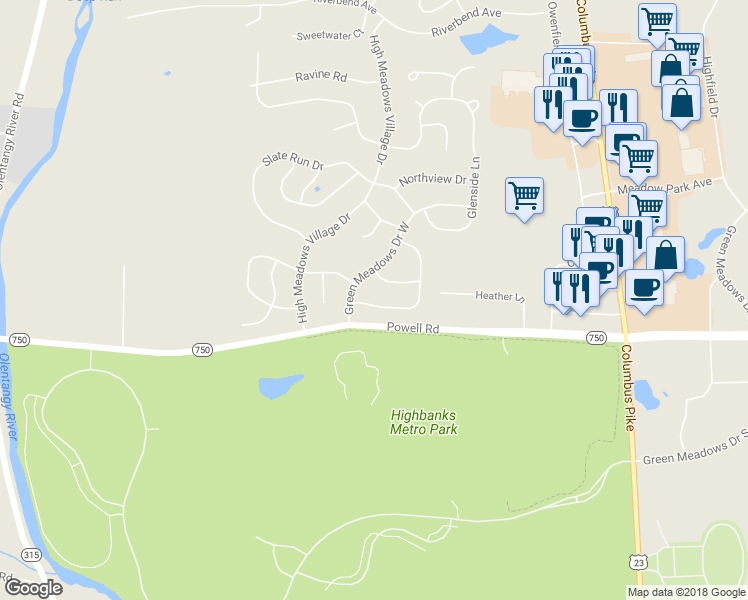 map of restaurants, bars, coffee shops, grocery stores, and more near 208 Spicewood Lane in Powell