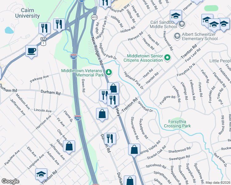 map of restaurants, bars, coffee shops, grocery stores, and more near 110 Deep Dale Drive East in Levittown