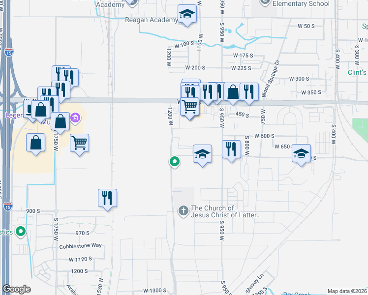 map of restaurants, bars, coffee shops, grocery stores, and more near 581 South 1200 West in Springville