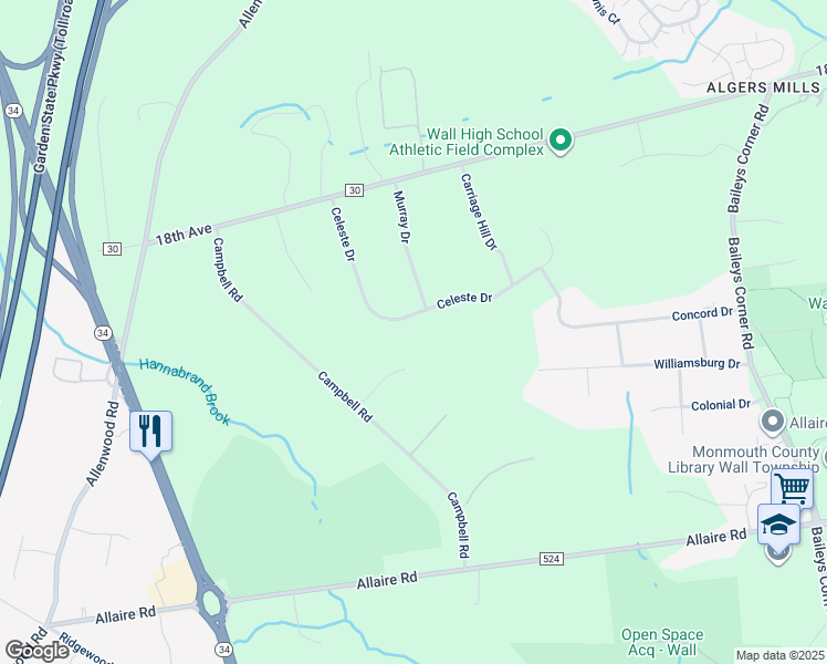map of restaurants, bars, coffee shops, grocery stores, and more near 1819 Celeste Drive in Wall Township