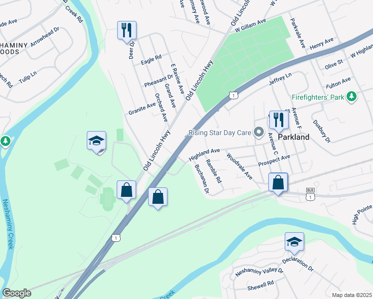 map of restaurants, bars, coffee shops, grocery stores, and more near 1718 Super Highway in Langhorne