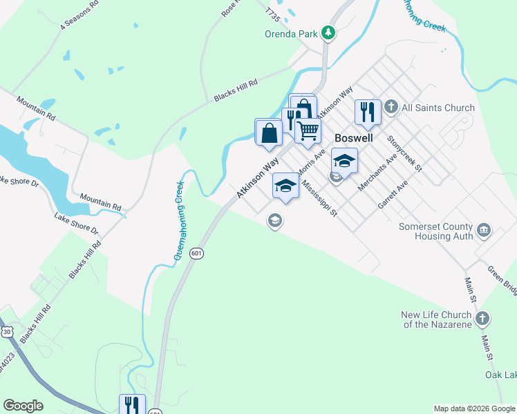 map of restaurants, bars, coffee shops, grocery stores, and more near 1204 Morris Avenue in Boswell