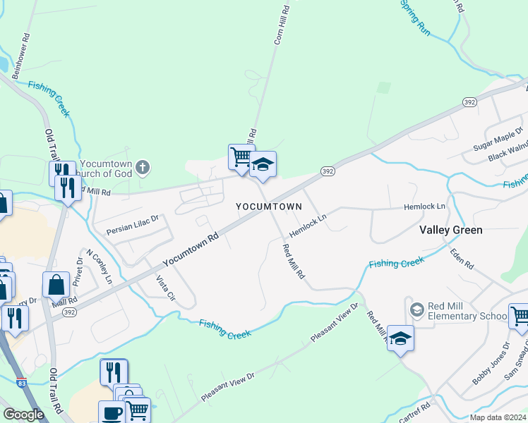 map of restaurants, bars, coffee shops, grocery stores, and more near 405 Red Mill Road in Goldsboro