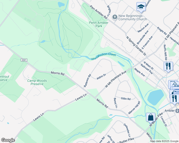map of restaurants, bars, coffee shops, grocery stores, and more near in Ambler