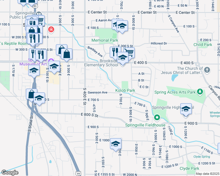 map of restaurants, bars, coffee shops, grocery stores, and more near 639 Swenson Avenue in Springville