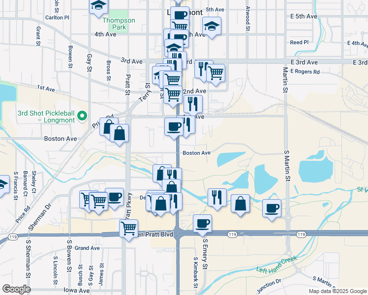 map of restaurants, bars, coffee shops, grocery stores, and more near 104 South Main Street in Longmont