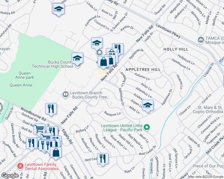 map of restaurants, bars, coffee shops, grocery stores, and more near 33 Rocky Pool Lane in Levittown