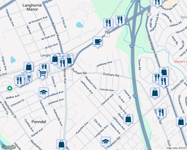 map of restaurants, bars, coffee shops, grocery stores, and more near 350 Durham Road in Langhorne