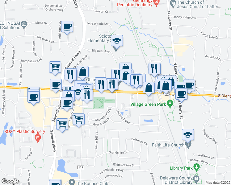 map of restaurants, bars, coffee shops, grocery stores, and more near 58 Village Pointe Drive in Powell