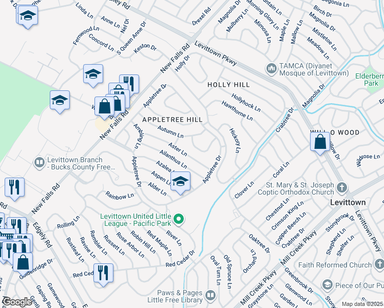 map of restaurants, bars, coffee shops, grocery stores, and more near 28 Aster Lane in Levittown