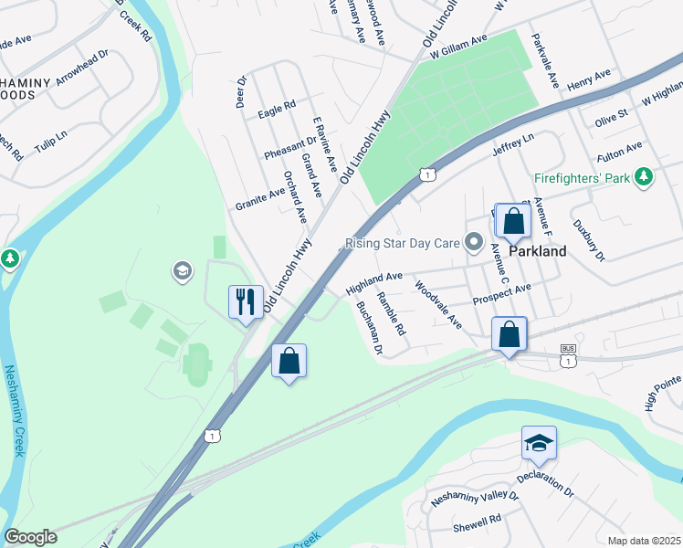 map of restaurants, bars, coffee shops, grocery stores, and more near 1718 Super Highway in Langhorne