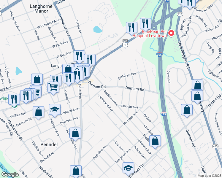 map of restaurants, bars, coffee shops, grocery stores, and more near 334 Durham Road in Langhorne
