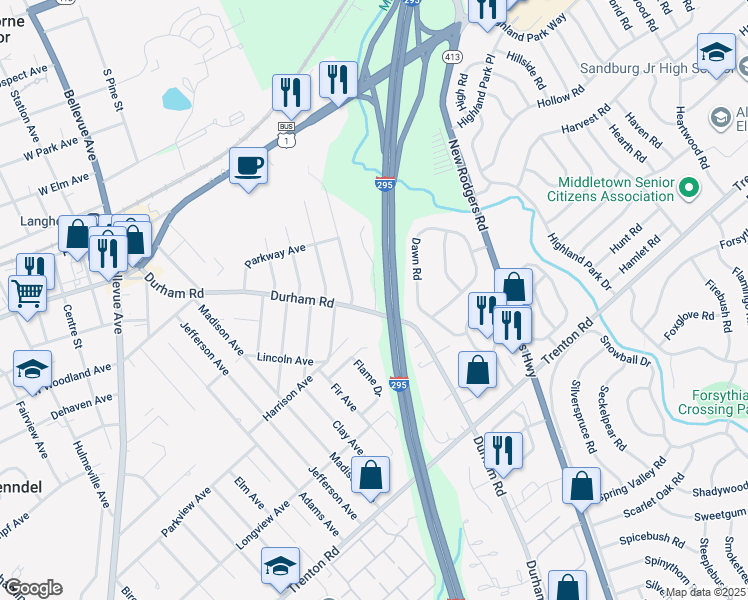 map of restaurants, bars, coffee shops, grocery stores, and more near 598 Gables Court in Langhorne