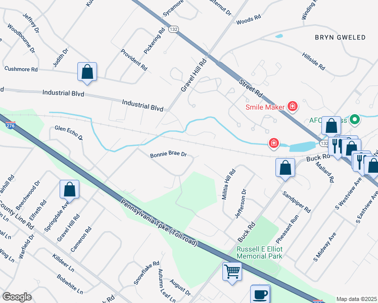 map of restaurants, bars, coffee shops, grocery stores, and more near 1636 Bonnie Brae Drive in Bucks County