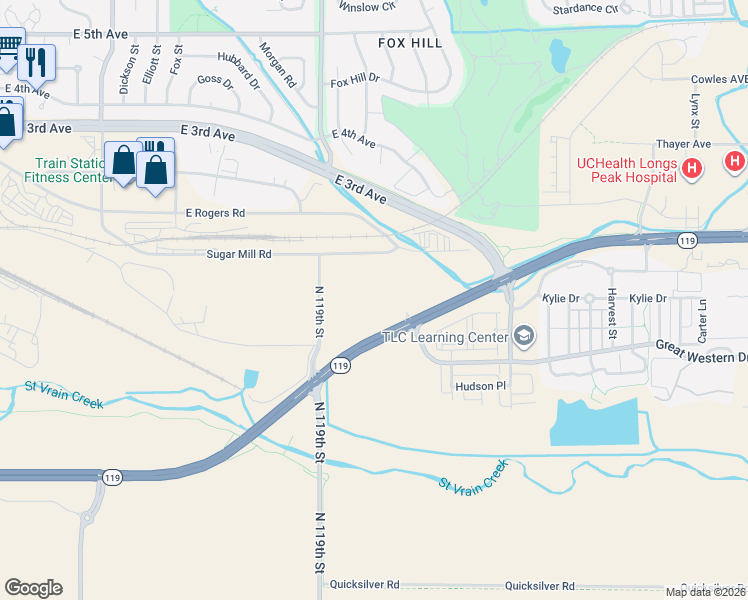 map of restaurants, bars, coffee shops, grocery stores, and more near 10012 North 119th Street in Longmont
