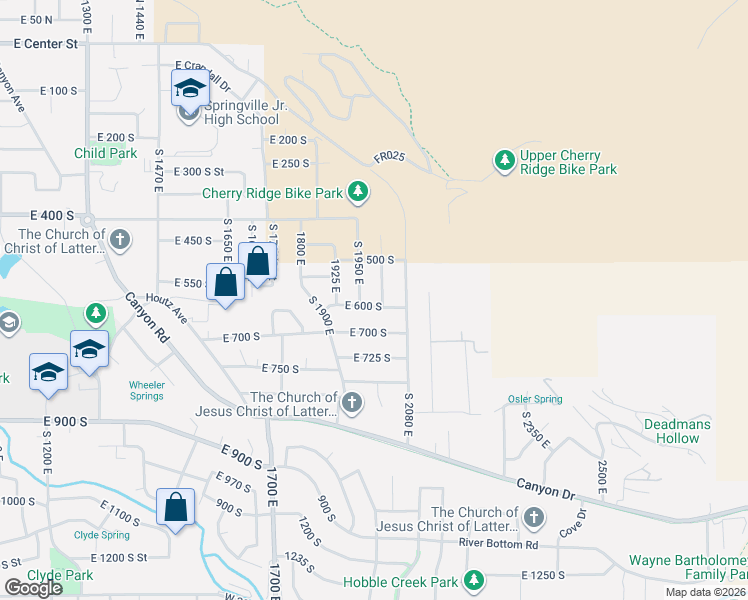 map of restaurants, bars, coffee shops, grocery stores, and more near 596 2000 East in Springville