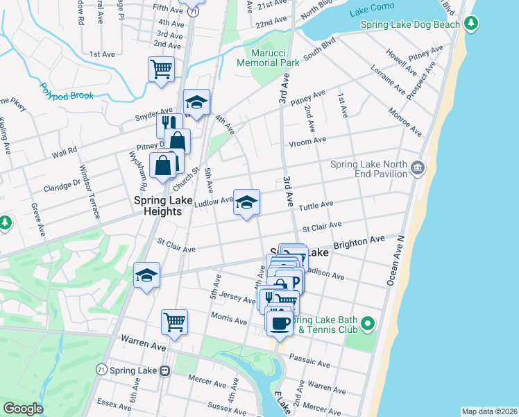 map of restaurants, bars, coffee shops, grocery stores, and more near 318 Tuttle Avenue in Spring Lake