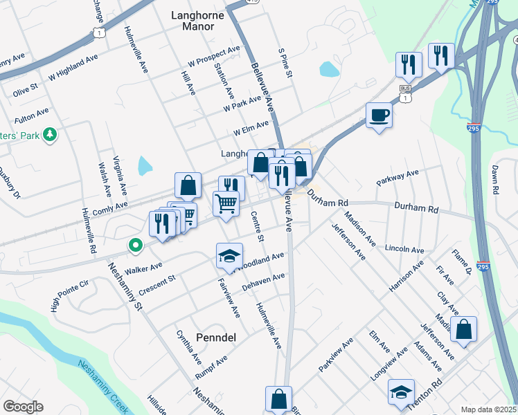 map of restaurants, bars, coffee shops, grocery stores, and more near 105 Lincoln Highway in Penndel