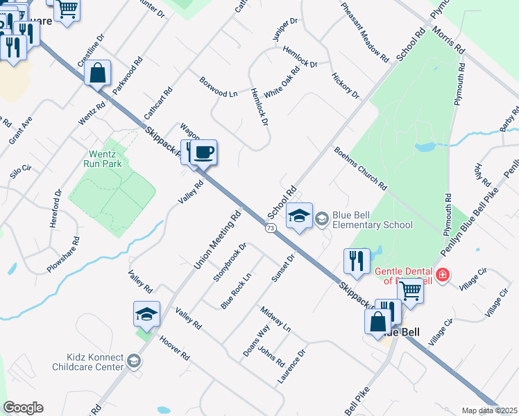 map of restaurants, bars, coffee shops, grocery stores, and more near 901 West Skippack Pike in Blue Bell