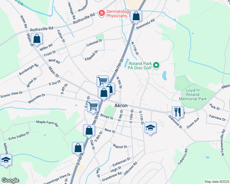 map of restaurants, bars, coffee shops, grocery stores, and more near 30 North 9th Street in Akron
