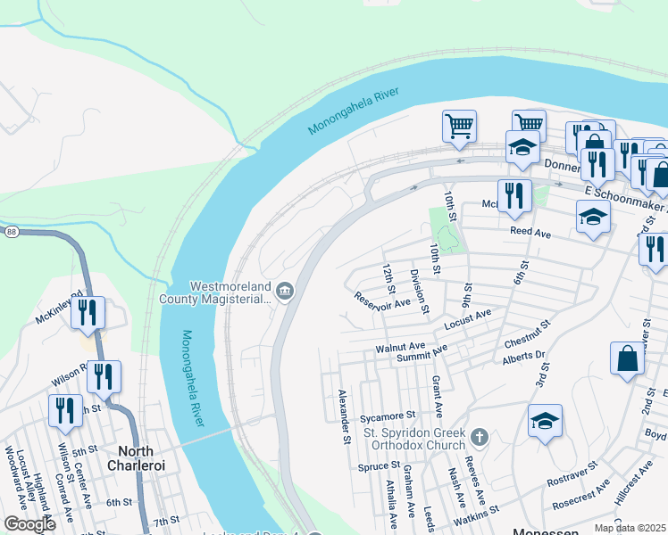 map of restaurants, bars, coffee shops, grocery stores, and more near 1247 Knox Avenue in Monessen