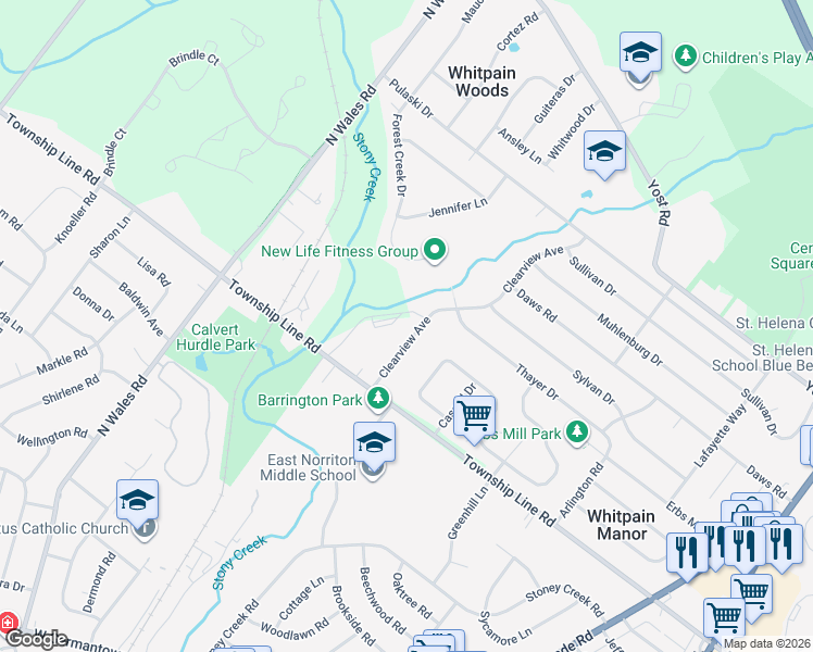 map of restaurants, bars, coffee shops, grocery stores, and more near 1715 Clearview Ave in Blue Bell