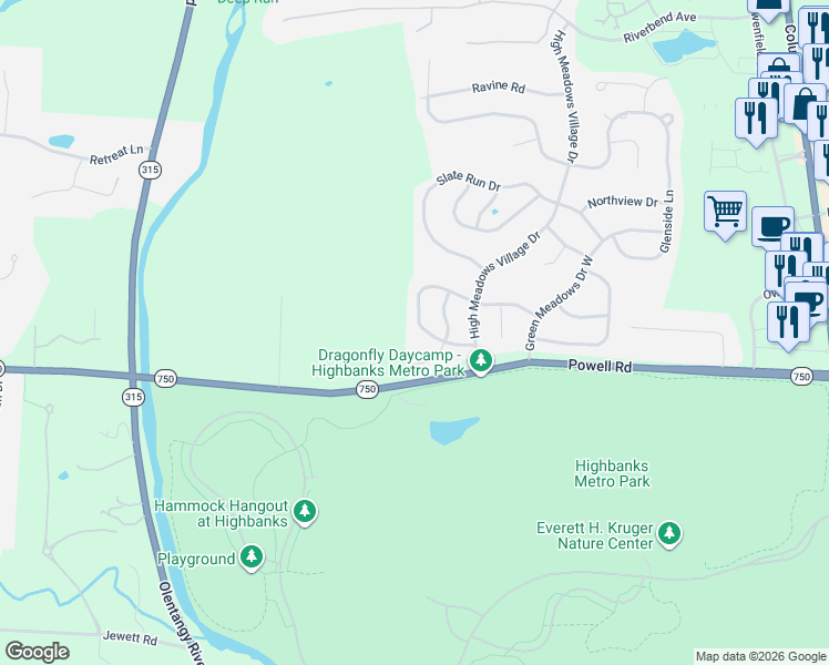 map of restaurants, bars, coffee shops, grocery stores, and more near 125 Ravine Ridge Drive South in Powell