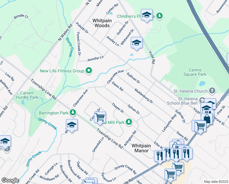 map of restaurants, bars, coffee shops, grocery stores, and more near 1673 Sylvan Drive in Blue Bell