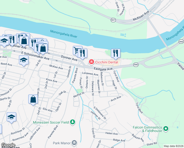 map of restaurants, bars, coffee shops, grocery stores, and more near 230 Lenawee Avenue in Monessen