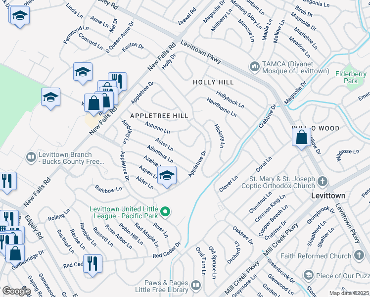 map of restaurants, bars, coffee shops, grocery stores, and more near 25 Arbor Lane in Levittown