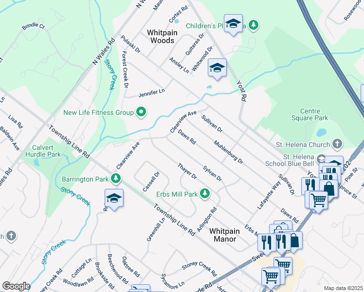 map of restaurants, bars, coffee shops, grocery stores, and more near 1673 Sylvan Drive in Blue Bell
