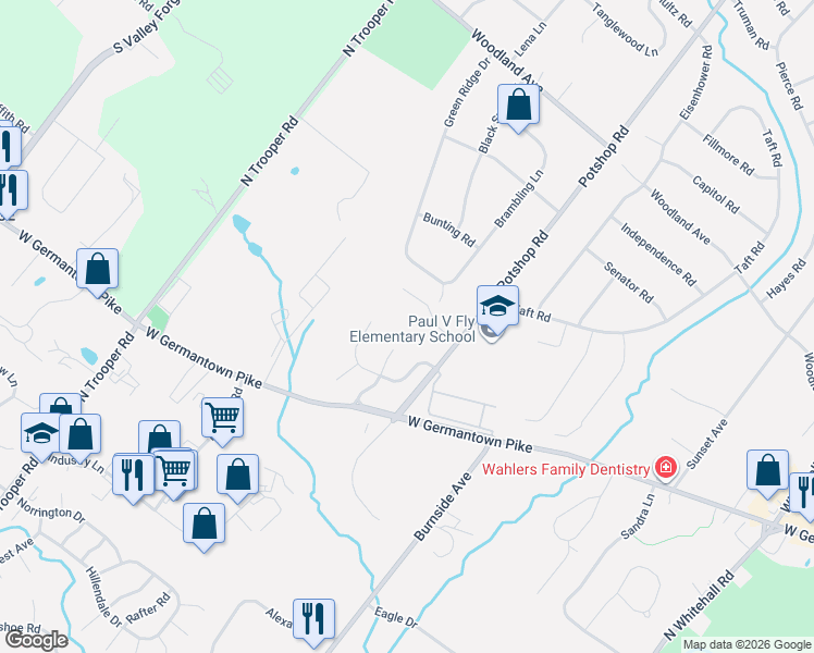 map of restaurants, bars, coffee shops, grocery stores, and more near 2917 Potshop Road in East Norriton
