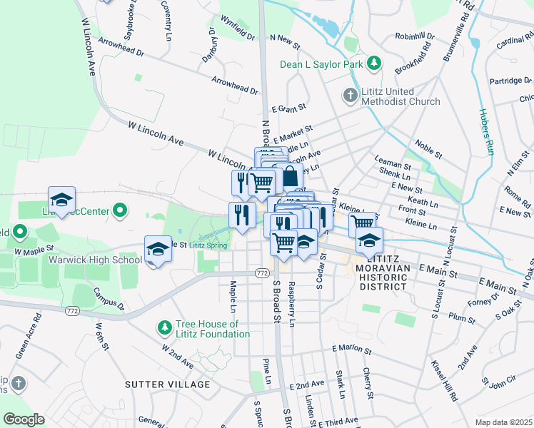 map of restaurants, bars, coffee shops, grocery stores, and more near 18 N Broad St in Lititz