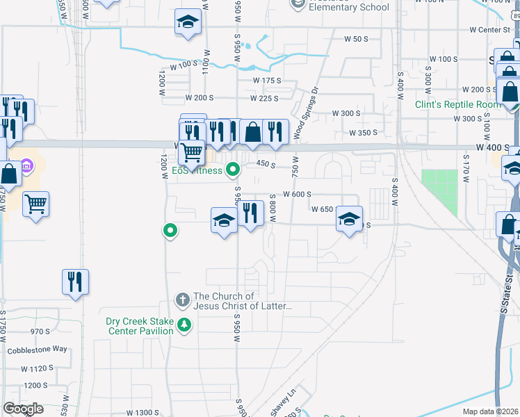 map of restaurants, bars, coffee shops, grocery stores, and more near 657 South 850 West in Springville