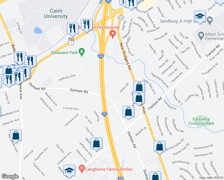 map of restaurants, bars, coffee shops, grocery stores, and more near 22 Dawn Road in Levittown