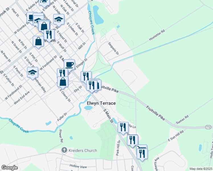 map of restaurants, bars, coffee shops, grocery stores, and more near 144 Fruitville Pike in Manheim