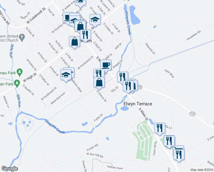 map of restaurants, bars, coffee shops, grocery stores, and more near 37 Railroad Avenue in Manheim