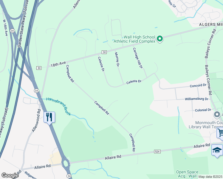 map of restaurants, bars, coffee shops, grocery stores, and more near 1815 Celeste Drive in Monmouth County