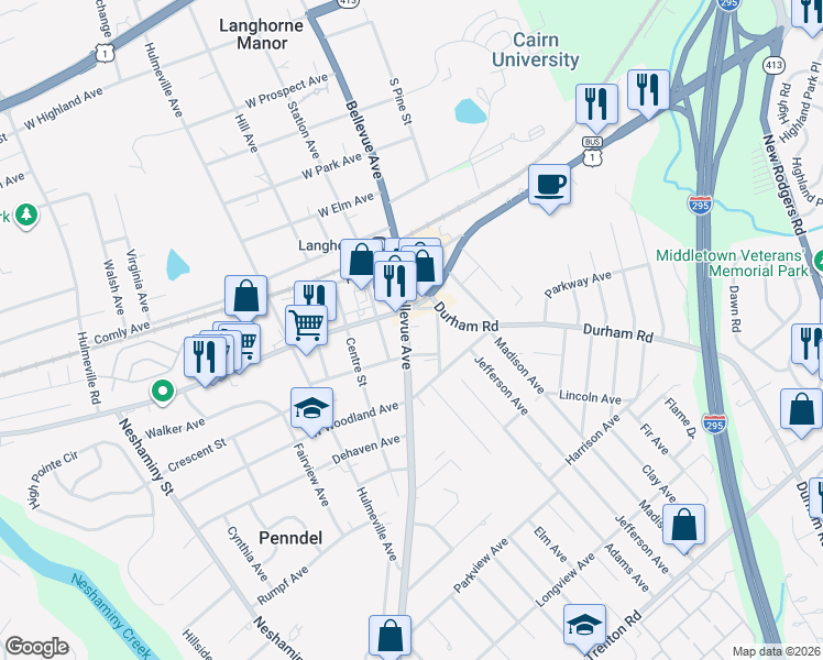 map of restaurants, bars, coffee shops, grocery stores, and more near 133 Bellevue Avenue in Penndel