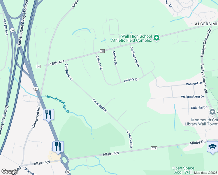 map of restaurants, bars, coffee shops, grocery stores, and more near 1815 Celeste Drive in Wall Township