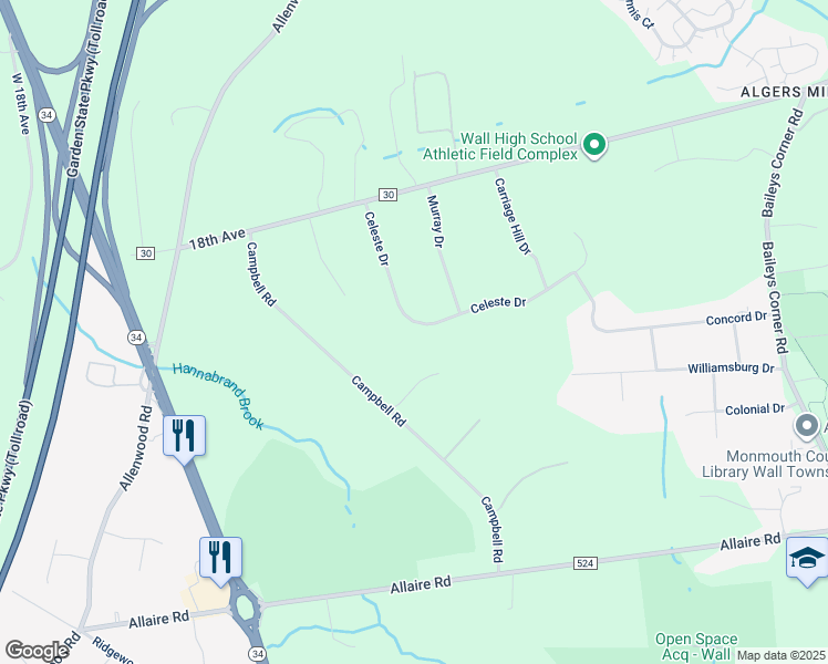map of restaurants, bars, coffee shops, grocery stores, and more near 1815 Celeste Drive in Wall Township